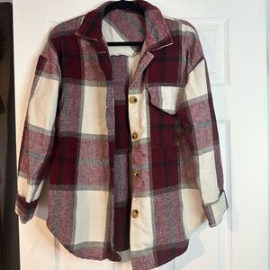 Zaful Women’s Plaid Button Down Shirt - Burgundy and Cream Flannel
